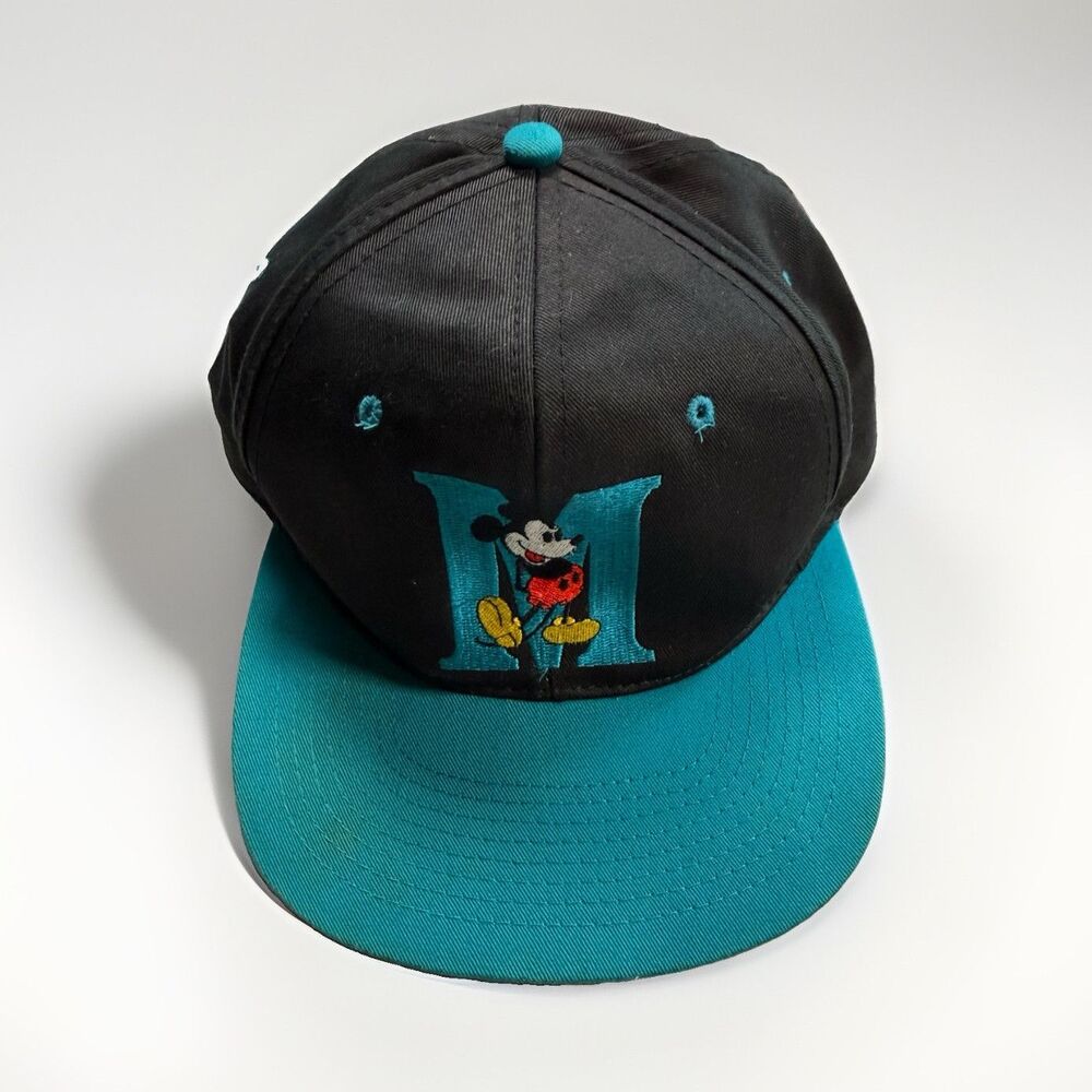 Disney Mickey Mouse Snapback Baseball Cap Hat Black/Teal Embroidered Logo